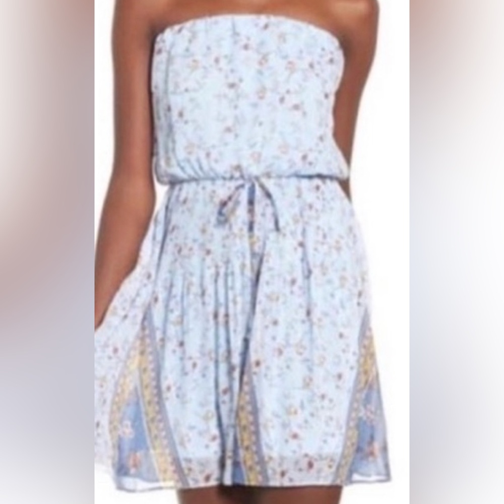 Socialite Light Blue Floral Strapless Dress.